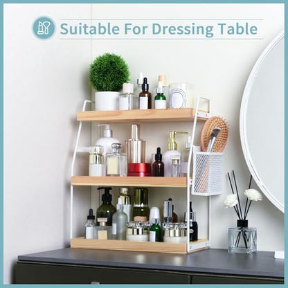 Uneviesyka Bathroom Counter Organizer, 3-Tier Standing Storage Shelf with Basket, Wood Tray for Skincare Vanity Organizer(White) - style: 3 Tier White