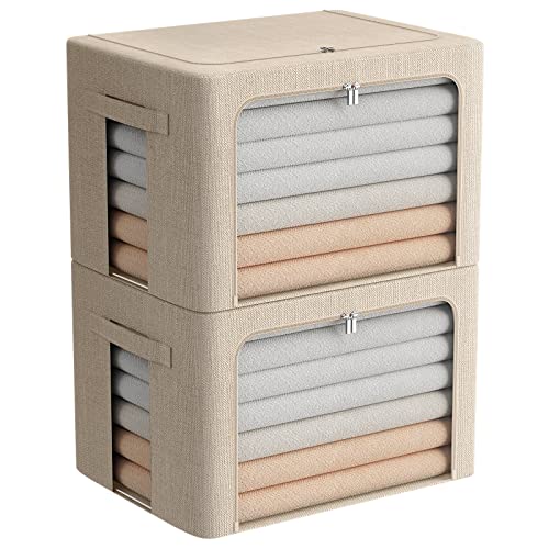 FHSQX Extra Large Clothes Storage Bins Foldable Metal Frame Storage Box Stackable Linen Fabric Box Organizer Set with Carrying Handles and Clear Window (Beige, 23.6x 16.5x 15.7 Inch) - color: Beige, size: 23.6x 16.5x 15.7 Inch