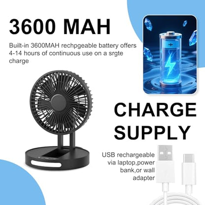 Qoqooice Portable Fan, 3600 mAh Rechargeable Battery Operated Fan with 5 Speeds, USB Powered, Quiet Personal Desk Fan for Office Home, Outdoor, Camping, Travel (Black)
