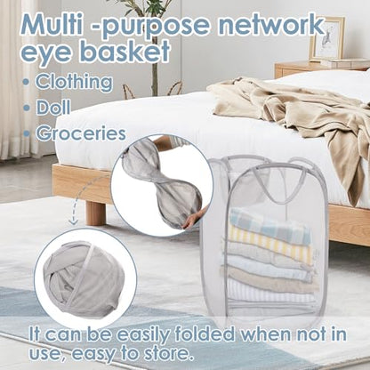 Foldable Pop Up Laundry Hamper – Set of 2 Collapsible Mesh Baskets with Handles for Kids, Baby, Dorm or Travel, Dual-Use Laundry Organizers for Clothes, Toys, Storage – Gray
