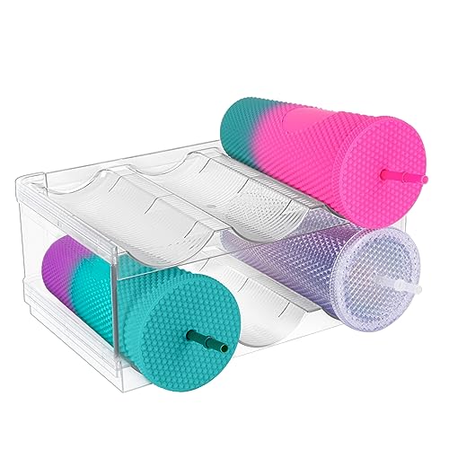 Stackable Water Bottle Organizer for Cabinet, Plastic Bottle Holder Designed for Starbucks Studded Tumblers up to 40oz, Plastic Cup Holder&Wine Rack for Pantry,Cupboard- 2 Layers Hold 6 Bottles - size: 2 layers