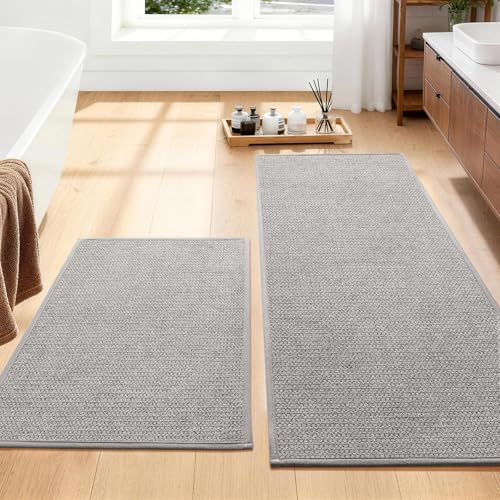 YIHOUSE Gray Bathroom Rugs Sets 2 Piece, Quick Dry Thin Bath Mat, Non Slip Absorbent Machine Washable, Bath Runner Rug for Bathtub Sink Home Decor (17"x24" + 17"x47") - color: Grey, size: 17"x24"+17"x47"