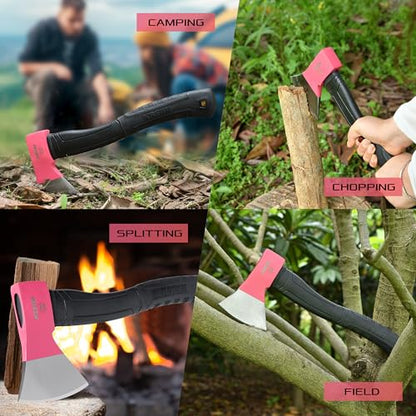 KSEIBI Hatchet with Sheath, Camping Axe for Splitting and Kindling Wood, Forged Steel Blade with Anti-Slip and Shock Reduction Handle Great Throwing Hatchets Pink - style: Rosy Riviera