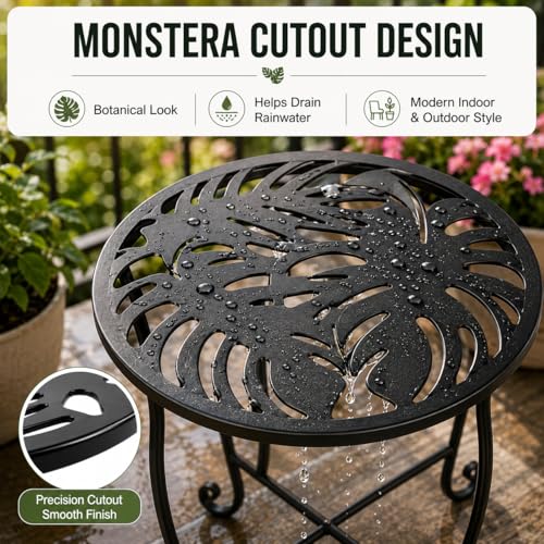 Outdoor Side Table 15 Inch Tall, Tool-Free Metal Patio End Table with Monstera Design, Space Saving Round Stand for Porch Balcony Garden (Monstera) - color: Monstera