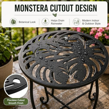 Outdoor Side Table 15 Inch Tall, Tool-Free Metal Patio End Table with Monstera Design, Space Saving Round Stand for Porch Balcony Garden (Monstera) - color: Monstera