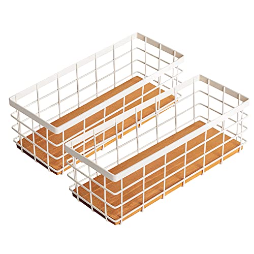 TIEYIPIN Small Metal Wire Storage Basket, Detachable Wood Base Storage Organizer Bin Basket for Kitchen Cabinets, Bathroom, Pantry, Garage, Laundry Room (Cream White, 2 Pack) - color: White, size: 2 Pack