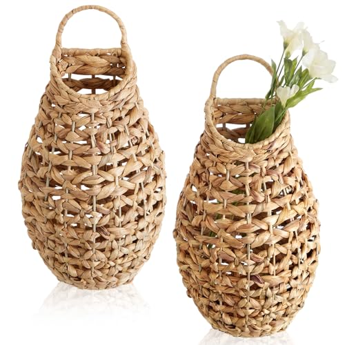Chunful 2 Pcs Water Hyacinth Hanging Wicker Basket, Natural Wicker Decorative Baskets, Handmade Woven Storage Organizer for House Garden Wedding Wall Decorations, Large Size - style: B-Water Hyacinth