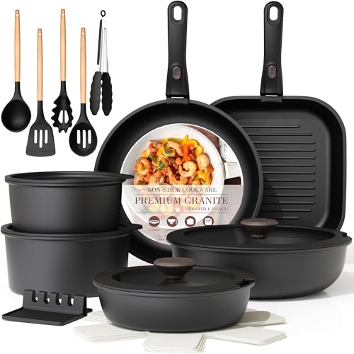 Astercook 23 Pcs Pots and Pans Set Non Stick, Ceramic Cookware Set Detachable Handle, RV Kitchen Cooking Set Removable Handles, Oven Safe, Induction Ready, Stackable, Black, Mothers Day Gifts - color: Black, size: 23 Piece