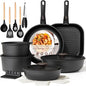 Astercook 23 Pcs Pots and Pans Set Non Stick, Ceramic Cookware Set Detachable Handle, RV Kitchen Cooking Set Removable Handles, Oven Safe, Induction Ready, Stackable, Black, Mothers Day Gifts - color: Black, size: 23 Piece