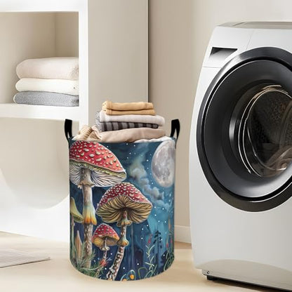 Charming Mushrooms Under Full Moon Laundry Basket with Handles, 19.7"x15.7" Clothes Foldable Laundry Hamper Organizer for Dorm Nursery Bedroom Bathroom Decor, Toy Storage Bin for Kids - style: Mushroom44