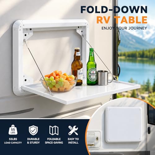 RV Folding Table Wall Mount, 21.3 x 17.7 Inch Aluminum Alloy Fold Down Picnic Work Table Kit for Campervan, Motorhome, Travel Trailer and Truck Camper, Exterior/Interior Use
