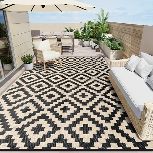 OLANLY Waterproof Outdoor Rug 10x14 ft, Outdoor Plastic Straw Rug for Camping, RV Mat Outside, Outdoor Carpet for Porch, Deck, Backyard, Balcony, Picnic, Black & Beige - color: Black & Beige, size: 10' X 14' (Rectangular)