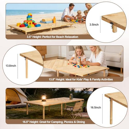 Low Picnic Table 60x30, Portable Folding Floor Table | Adjustable height wood table with boho runner, mortise-tenon joints, folds flat for beach picnics, camping, parties - size: Large Size for 6