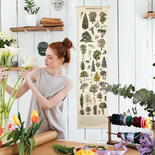 Feifeiya Vintage Plants Vertical Tapestry Wall Hanging Long Narrow Wall Art Fabric Earthy Art Hanging Reference Illustrative Botanical Tassel Tapestry for Plant Lovers