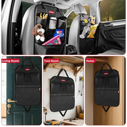 Rubbermaid Backseat Car Organizer, Kick Mats and Seat Back Protector, Car Organizer for Kids with 6 Storage Pockets, Travel Essentials for SUV, Truck, Car - 2 packs Black