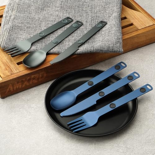 Magnetic Camping Utensils Set, Portable & Reusable Metal Travel Flatware, Camping Cutlery Set, Knife, Fork & Spoon, 3-PACK, Blue - color: Blue