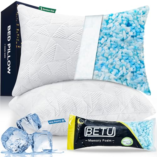 BETU Cooling Pillows Queen Size Set of 2, Shredded Memory Foam Pillows Cool for Hot Sleepers, Adjustable Firm Soft Support Bed Pillows Perfect for Back Neck Pain and Side Sleeping with Cover, White - color: White, size: Queen Size Pack of 2