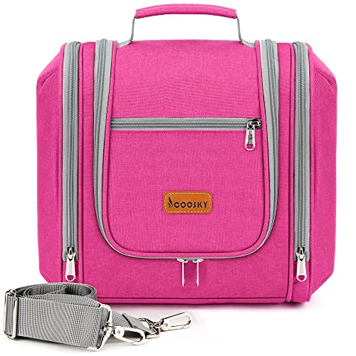 COOSKY Hanging Travel Toiletry Bag for Women and Men, 6 Organizer Compartments, Extra Large Toiletries Bag, Bathroom Cosmetic Bag, Water-resistant Makeup Bag, Holds Full-Size Shampoo, Rose Red - color: Rose Red, size: Large