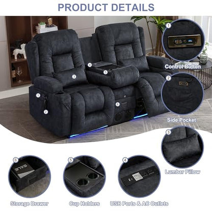 TUNYI Power Loveseat Recliner Sofa with Massage & Heat Home Theater Seating with Console RV Recliner Loveseat Sofa with USB/Storage/Side Pocket/LED Light/Speaker (Grey, Loveseat) - color: Grey, size: 2 Seat