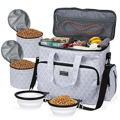 BAGLHER Dog Travel Bag, Pet Travel Bag (ALL Pet Travel Supplies), With 2 Pet Food Containers and 2 Collapsible Silicone Bowls; Essential Kits for Pet Travel DLwhite - color: DLwhite, size: Large