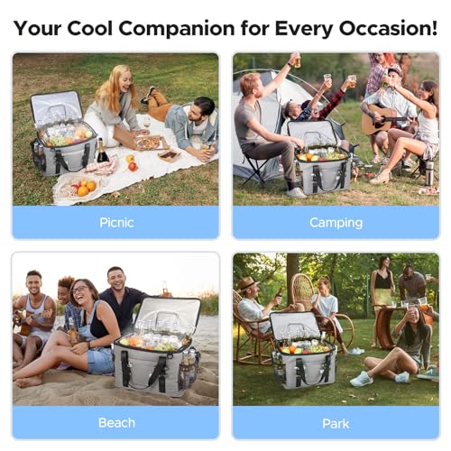 WARMOUNTS Insulated Cooler Bag 48/75 Cans, Soft Sided Portable Lunch Bag Coolers w/Zippered Top, Leak Proof PVC Interlayer, 5-Layer Insulation Large Ice Chest Bag for Travel, Camping, Beach, Picnic - color: Gray