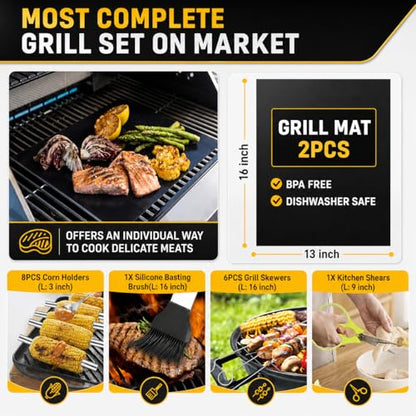 34Pcs Grill Accessories Grilling Gifts for Men, 16 Inches Heavy Duty BBQ Accessories, Stainless Steel BBQ Tools with Thermometer, Grill Mats for Backyard, BBQ Gifts Set for Men Women