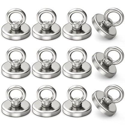 Neodymium Heavy Duty Magnet Hooks, 100lbs Pulling Force Strong Fishing Magnets 1.26 Inch Rare Earth Magnets with Countersunk Hole Eyebolt for Fishing, Workplace, Home (Silver, Pack of 12) - size: 12 Pack