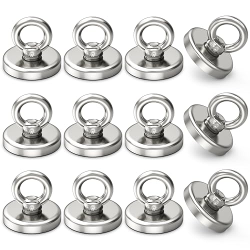 Neodymium Heavy Duty Magnet Hooks, 100lbs Pulling Force Strong Fishing Magnets 1.26 Inch Rare Earth Magnets with Countersunk Hole Eyebolt for Fishing, Workplace, Home (Silver, Pack of 12) - size: 12 Pack