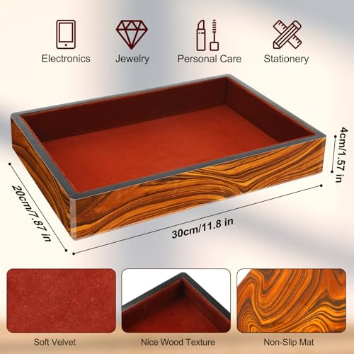 Wooden Valet Tray with Velvet Lining, EDC Desktop Catchall Organizer, Storage Tray for Jewelry, Wallets, Watches, Keys, Glasses, Perfect for Nightstand, Dresser, Entryway Bedside