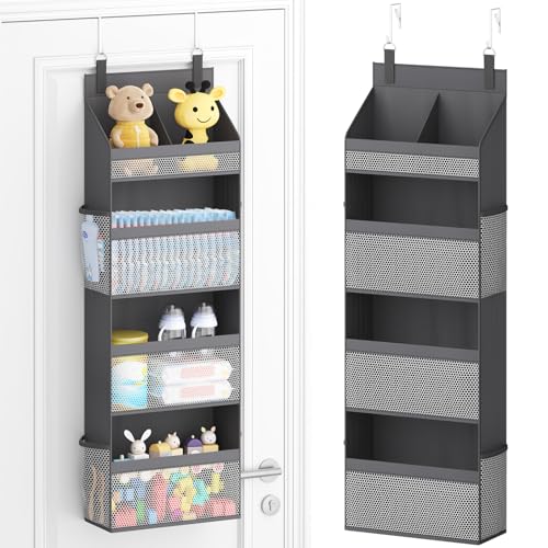 Lifewit 4 Tier Over the Door Diaper Organizer for Nursery, Large Heavy Duty Hanging Storage with 4 Mesh Side Pockets, Sturdy Back of Door Shelf for Baby Stuff Toy in Pantry, Laundry, Bathroom, Gray - color: Grey, size: 4 Tier
