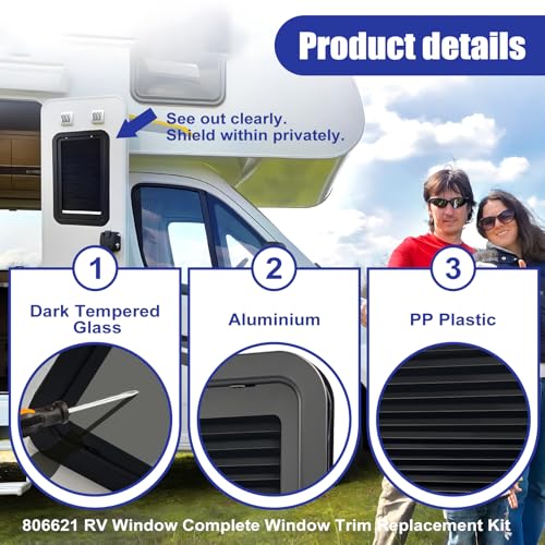806621 Complete RV Entry Door Window Kit with Low-Profile Shade 12'' W x 21'' H Black, Compatible with Lippert RV Doors