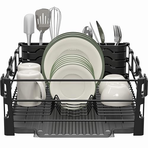 Simple Houseware Dish Drying Rack with Drainboard, Utensil Holder & Mug Hooks, Black Metal Kitchen Counter Organizer - color: Black