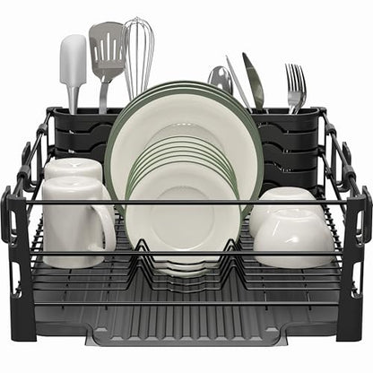 Simple Houseware Dish Drying Rack with Drainboard, Utensil Holder & Mug Hooks, Black Metal Kitchen Counter Organizer - color: Black