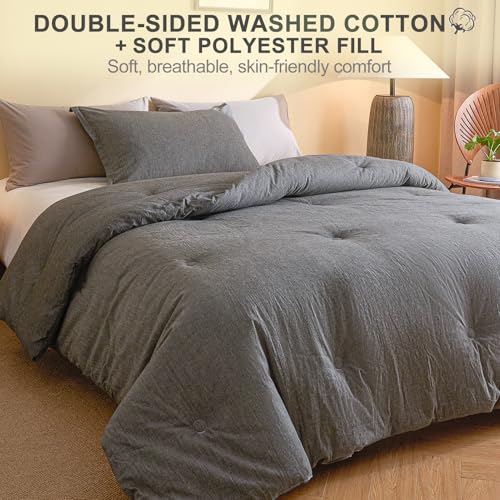 100% Cotton Comforter Set Full Size – Reversible Yarn-Dyed Design, Soft Washed Cotton on Both Sides, Lightweight All-Season Bedding, Machine Washable(Black Grey, 80”x90”) - color: Black Grey, size: Full(80"x90")