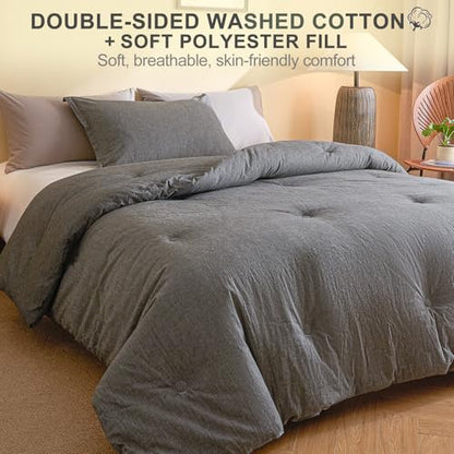 100% Cotton Comforter Set Queen Size – Reversible Yarn-Dyed Design, Soft Washed Cotton on Both Sides, Lightweight All-Season Bedding, Machine Washable(Black Grey, 90”x90”) - color: Black Grey, size: Queen(90"x90")