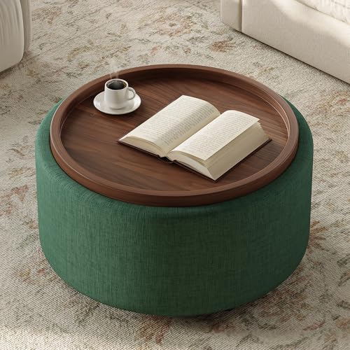 Round Storage Ottoman Coffee Table with Walnut Tray, 30'' Round Ottoman with Storage, Modern Upholstered Coffee Table with with 4 Casters for Living Room, Linen Fabric, Green - color: Green