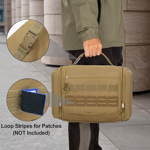 Tactical Toiletry Travel Bag for Men, Hanging Dopp Kit Hygiene Bag Shower Organizer with Hook for Toiletries and Shaving Care, Khaki (Empty Bag) - color: Khaki