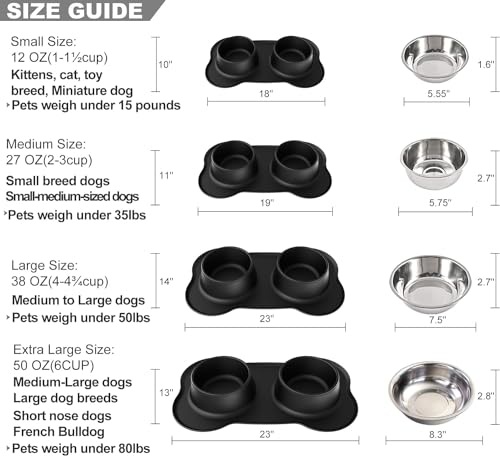 Dog Bowls Stainless Steel Bowls with No Spill Skid Resistant Silicone Mat, 24oz 48oz Dog Food and Water Bowl Set Feeder for Small Medium Large Size,Dogs,Cats Pets Puppy Dish - size: Small/12oz each