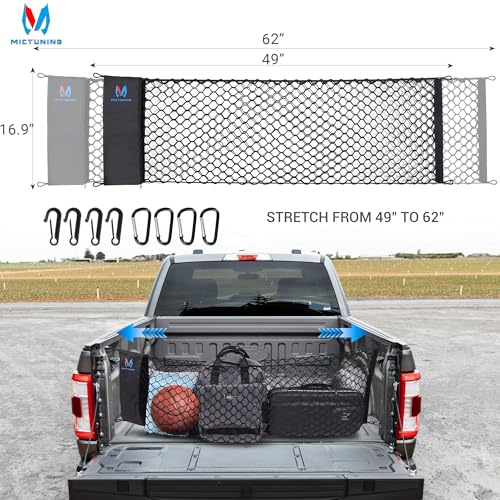 MICTUNING Truck Bed Cargo Net Highly Elastic Cargo Net with Storage Bag Small Mesh Durable Storage Organizer Compatible for 2013-2024 Chevy Silverado (16.9"" X 49"" to 62""), Black - size: 49x16.9Inch for Pickup