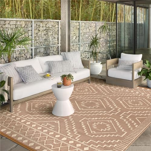 Wonnitar Outdoor Rugs 8x10 Waterproof Plastic Straw Rug, Large Outdoor Camping Rug for RV, Reversible Portable Outside Lightweight Area Rug for Backyard Balcony Beach Picnic (Beige & Brown,8'x10') - color: Beige & Brown, size: 8' x 10' (Rectangular)