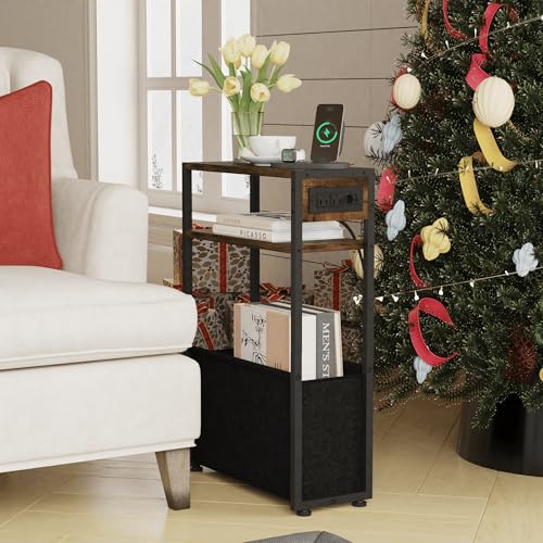 Leomonio Narrow Side Table, Slim End Tables with Fabric Basket, Skinny Table for Small Spaces, Thin Bedside Table for Living Room, Bedroom (1, Rustic Brown - Outlet) - color: Rustic Brown - Outlet