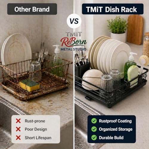 Metal Dish Drying Rack for Kitchen Counter, Black, Sink Organizer with Cutlery Holder, Kitchen Storage and Organization Essentials, for Small Kitchen,11.8 x 15.7 Inch