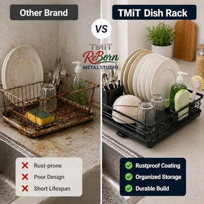 Metal Dish Drying Rack for Kitchen Counter, Black, Sink Organizer with Cutlery Holder, Kitchen Storage and Organization Essentials, for Small Kitchen,11.8 x 15.7 Inch