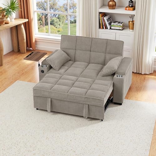 oaaktu 65'' Convertible Sleeper Sofa Bed,Extra Thick Cushion Polka dot Velvet Pull Out Futon Couch with Storage handrails & Rotating Side Tables,Convertible Sofa Couch for Living Room,RV (07S-Khaki) - color: 07s-khaki