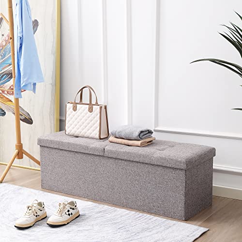 45.3 Inches Foldable Seat Footrest Shoe Bench End of Bed Storage with Flipping Lid, 166L Upholstered Tufted Bench, Linen Fabric Grey - color: Light Grey, size: 45.3" Flip