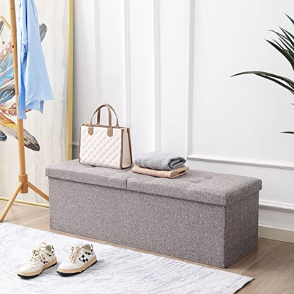 45.3 Inches Foldable Seat Footrest Shoe Bench End of Bed Storage with Flipping Lid, 166L Upholstered Tufted Bench, Linen Fabric Grey - color: Light Grey, size: 45.3" Flip