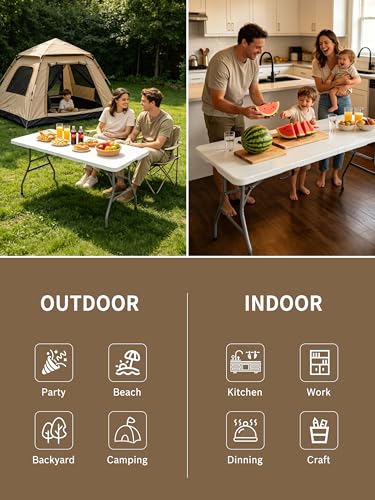 6FT Folding Camping Table Portable 350lbs, 6 Foot Folding Picnic Card Table for Outdoor, Plastic Rectangular Dining Work Tables for Indoor, Heavy Duty Fold-in-Half Tray Tables, 71x29 inch - size: 6 FT