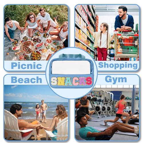 Snack Bags Chenille Letter Patch Clear Bag Snacks Bag for Travel, Preppy Cosmetic Bag Snacks Pouch with Zipper, Toiletry Bag for Traveling women, Clear Travel Bags for Toiletries (Blue-Snack) - color: Blue-Snack