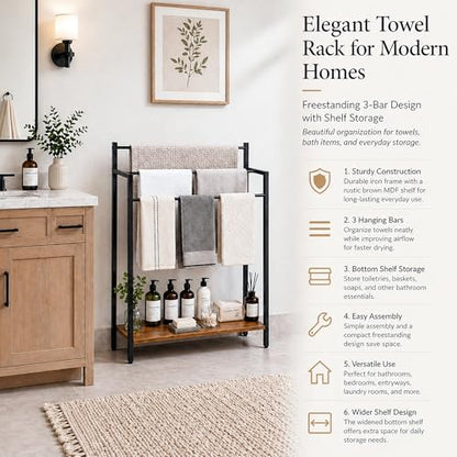 24.8" W Freestanding Towel Rack, 3 Tier Blanket Ladder Stand with Rustic Brown Wooden Shelf for Bathroom Living Room - color: Rustic Brown, size: 31.5" H x 24.8" W x7.9 D