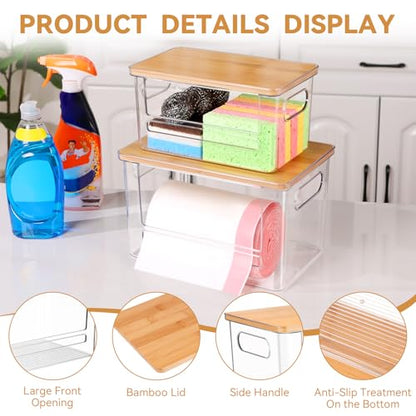 Trash Bag Holder Dispenser 2 Pack, Garbage Bag Dispenser with Bamboo Lid & Handles, Stackable Clear Trash Bag Organizer Under Sink for Kitchen, Pantry, Laundry Room, Cabinet (XL+S) - size: S + XL